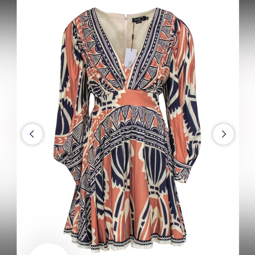 NWT PatBO Fringe Trim Mini Dress Geometric Print Puff Sleeve Deep V Size 10 boho